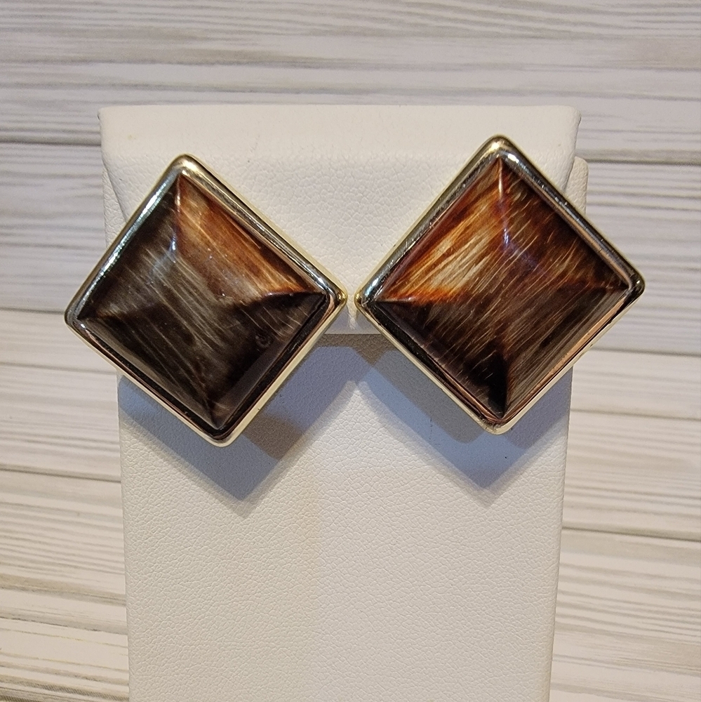Vintage Brown & Gold Swirl Acrylic Square Gold Tone Clip On Earrings